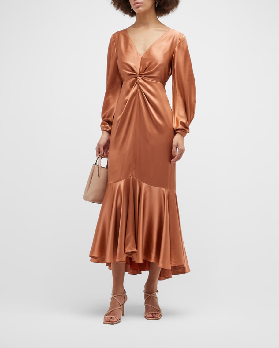 Cinq a Sept Velda Puff-Sleeve Twisted Satin Flounce Dress | Neiman Marcus