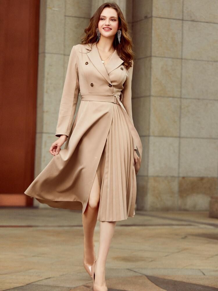 Simplee Double Button Belted Pleated Dress | SHEIN