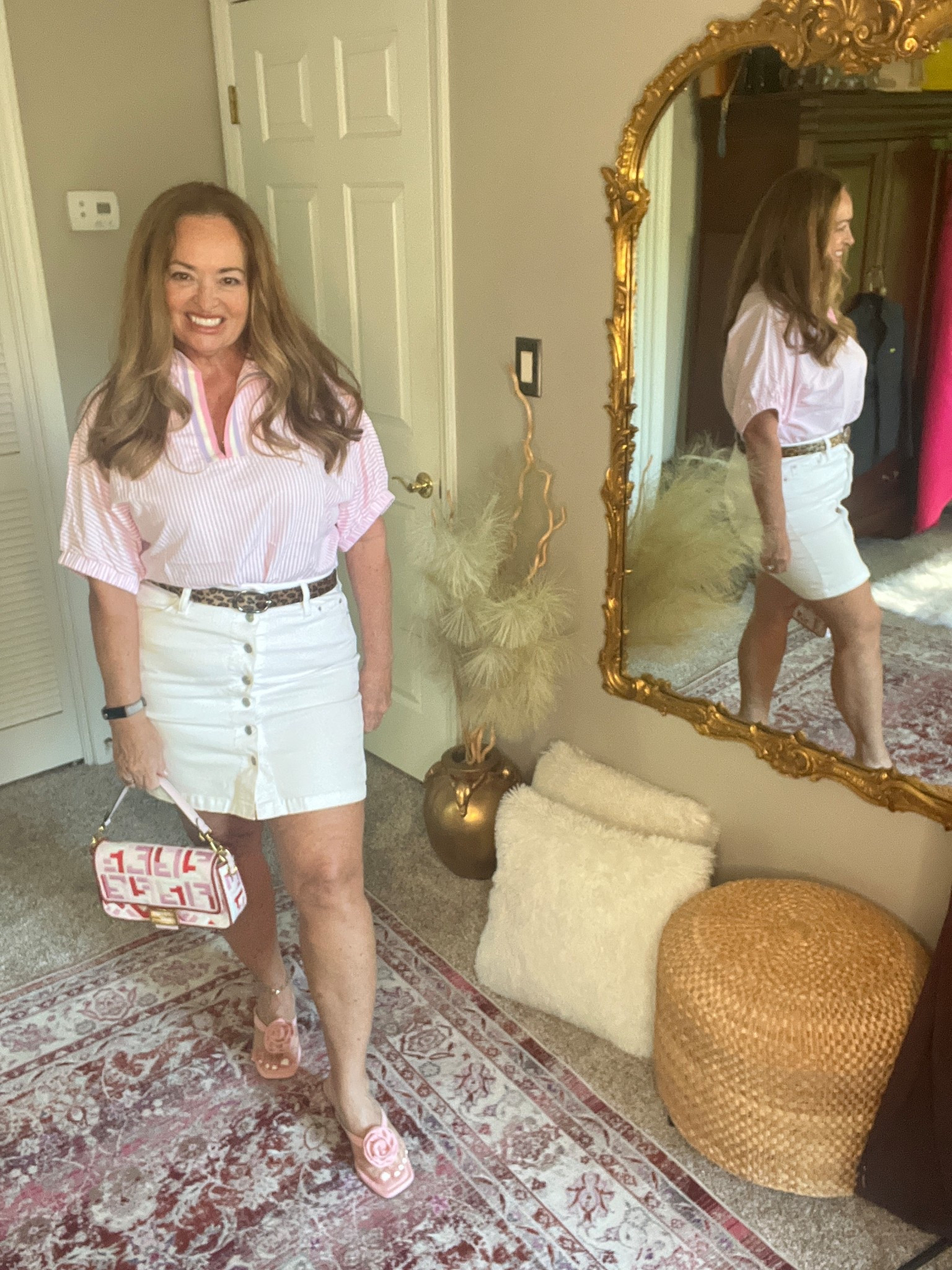 Pink pinstripe blouse. 

#LTKmomlife #LTKootd #LTKMothersDay