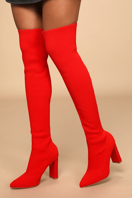 Shaye Red Ribbed Knit Pointed-Toe Over the Knee Boots | Lulus (US)