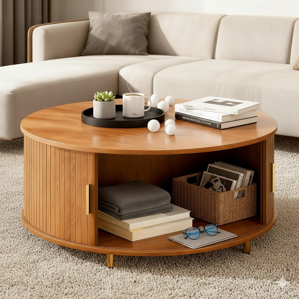 Round Coffee Table with 360° Sliding Tambour Door, 31.5" Modern Coffee Table with Storage, Mid-C... | Walmart (US)