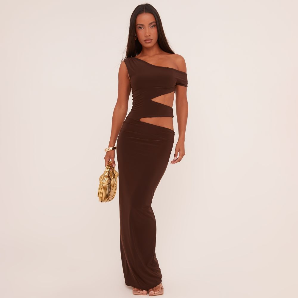 Asymmetric One Shoulder Cut Out Maxi Dress In Chocolate Brown Slinky | EGO (UK)