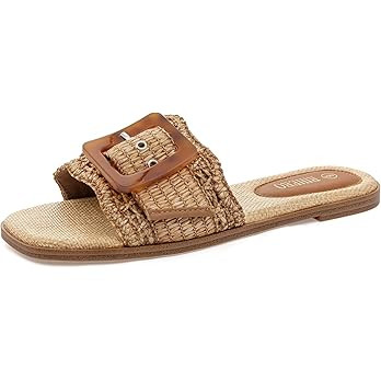 Rihero Women's Raffia Flat Sandals Square Open Toe Summer Beach Slip On Woven Buckle Slide Sandal... | Amazon (US)