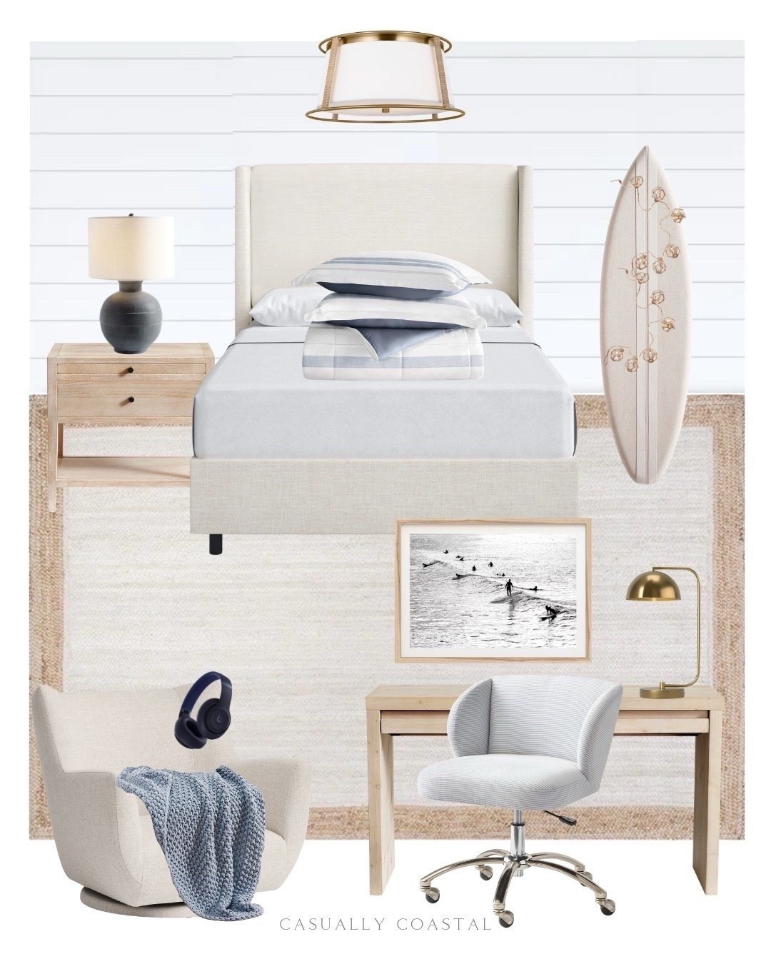 Teen Boy Bedroom 

Coastal bedroom, coastal bed, coastal bedding, coastal desk, pottery barn nightstand, wood nightstand, wayfair rug, bedroom rug, neutral rug, jute off white rug, full length surfboard pinboard, jute wrapped orbs garland, Tully upholstered bed, framed Malibu surf print, black and white coastal artwork, coastal quilt set, flush mount, wingback swivel desk chair, coastal desk chair, ceramic table lamp, writing desk, metal table lamp, brass lamp, textured weave low swivel chair, seed stitch throw, blue throw blanket, Beats Studio pro, upholstered office chair, woven hamper, chambray bean bag lounger, blue quilt set 

#LTKKids #LTKHome