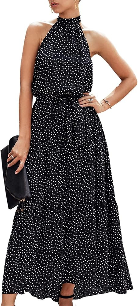 PRETTYGARDEN Women’s Halter Neck Floral Long Maxi Dress Casual Sleeveless Backless Dresses Loos... | Amazon (US)