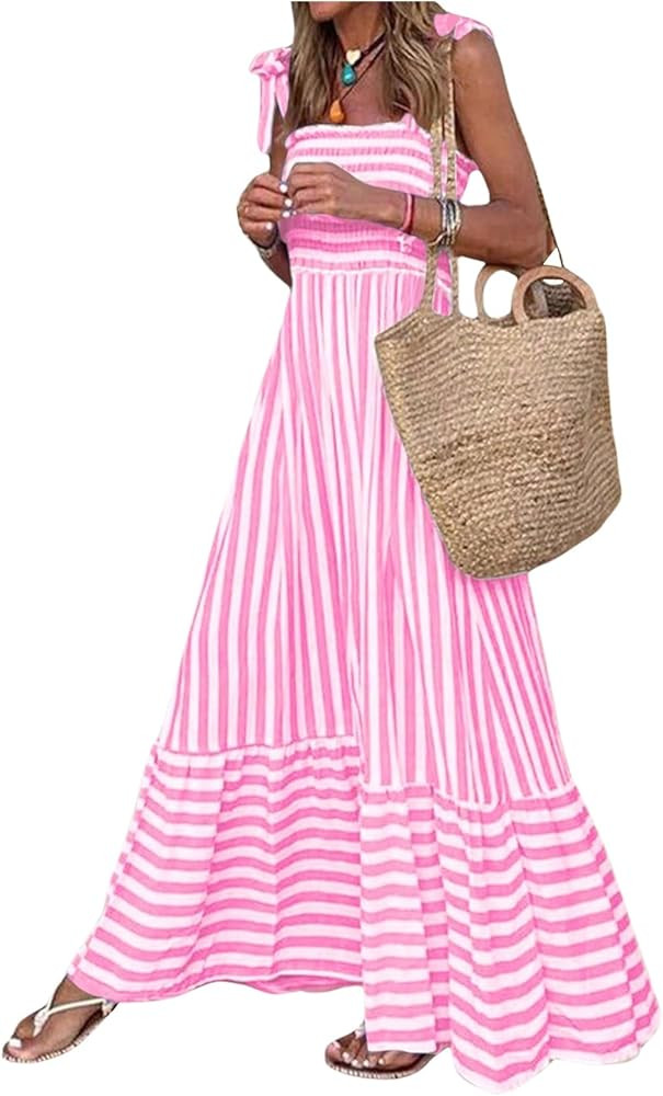 SOLY HUX Women's Striped Maxi Dress Tie Shoulder Shirred Ruffle Hem A Line Flowy Long Dresses Sun... | Amazon (US)