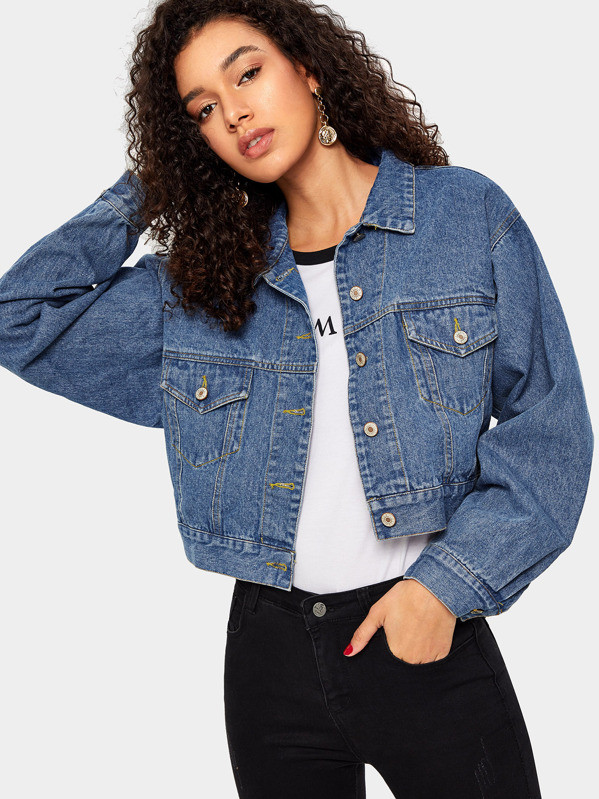 Bleach Wash Crop Denim Jacket | SHEIN