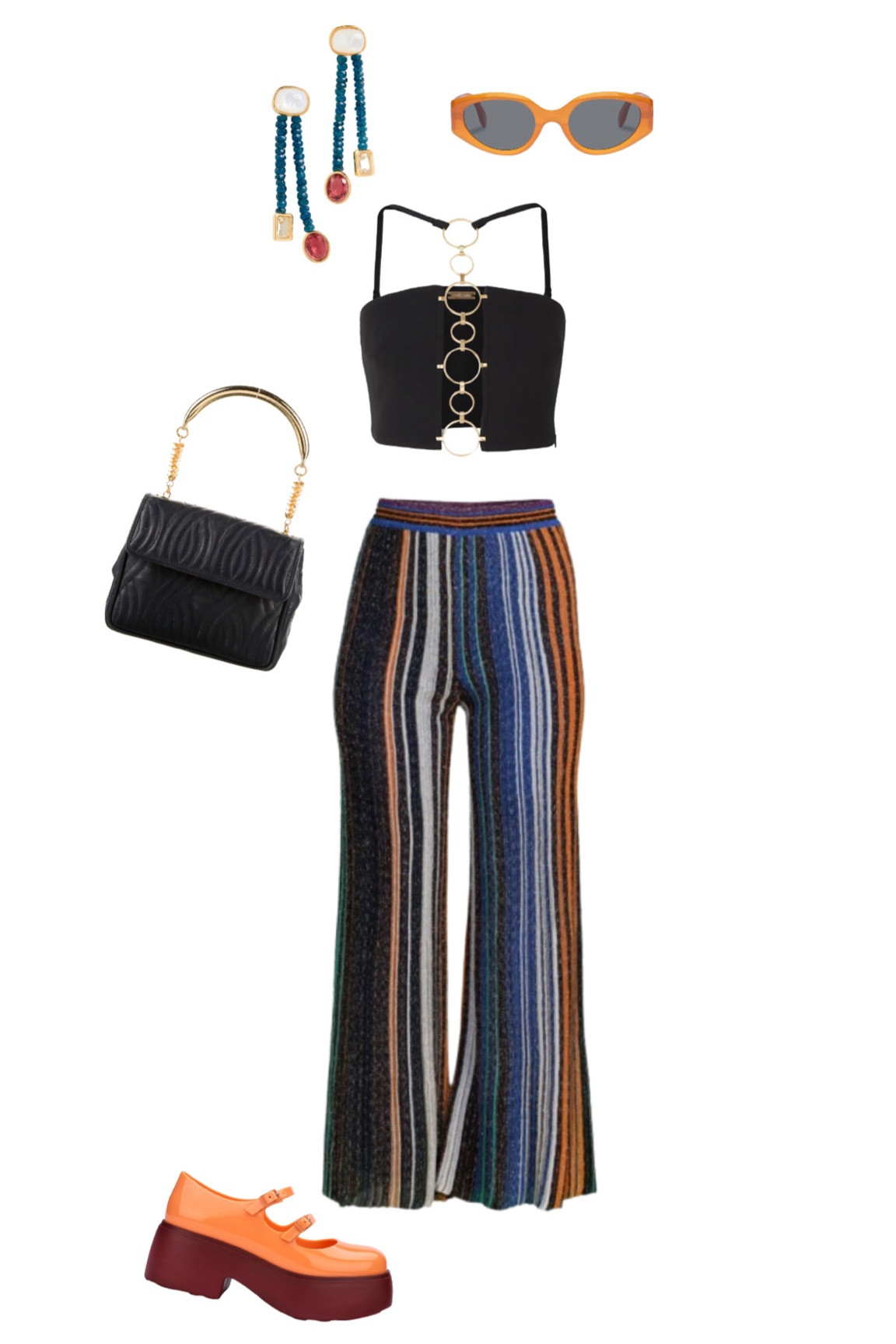 Coachella outfit idea #2 
Knit pants, black and gold details and lots of fun accessories including orange platform Mary Jane’s! 
#competition

#LTKFind #LTKstyletip
