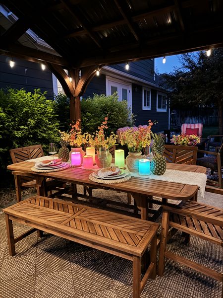 All the post links for my outdoor table setup! Outdoor table set is 66% off for Wayfair’s Anniversary sale! Linked my Luminara color changing candles, table settings, and my dress! 

#LTKHome #LTKSummerSales #LTKSaleAlert
