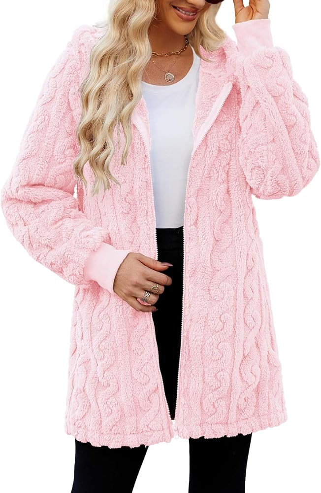 ReachMe Womens Fleece Zip Up Jacket with Pockets Oversized Long Sherpa Hoodie Fuzzy Jackets Warm ... | Amazon (US)