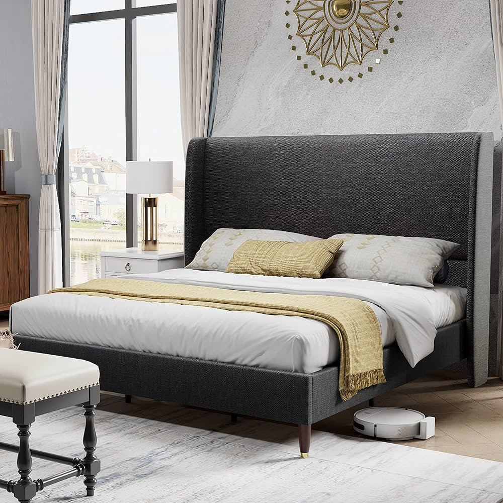 PaPaJet King Platform Bed Frame 51.2" Tall Headboard Upholstered Bed with Wingback/No Box Spring ... | Amazon (US)