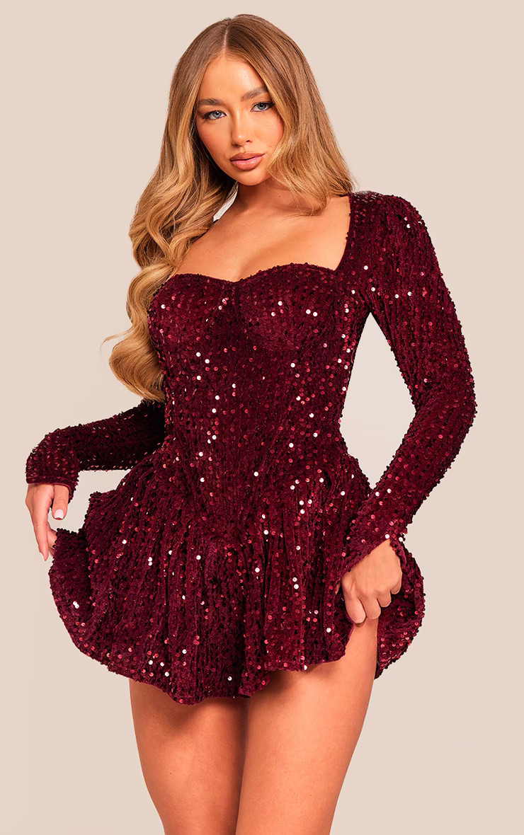 Burgundy Sequin Cup Long Sleeve Skater Romper | Dresses | PrettyLittleThing US