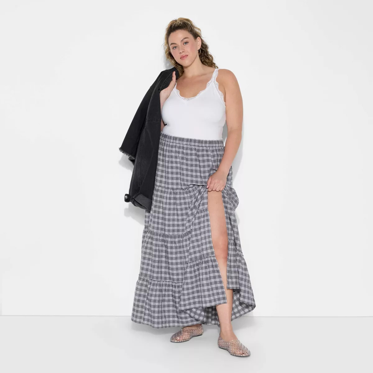 Women's Tiered Maxi A-Line Skirt - Wild Fable™ Gray Plaid XXL | Target
