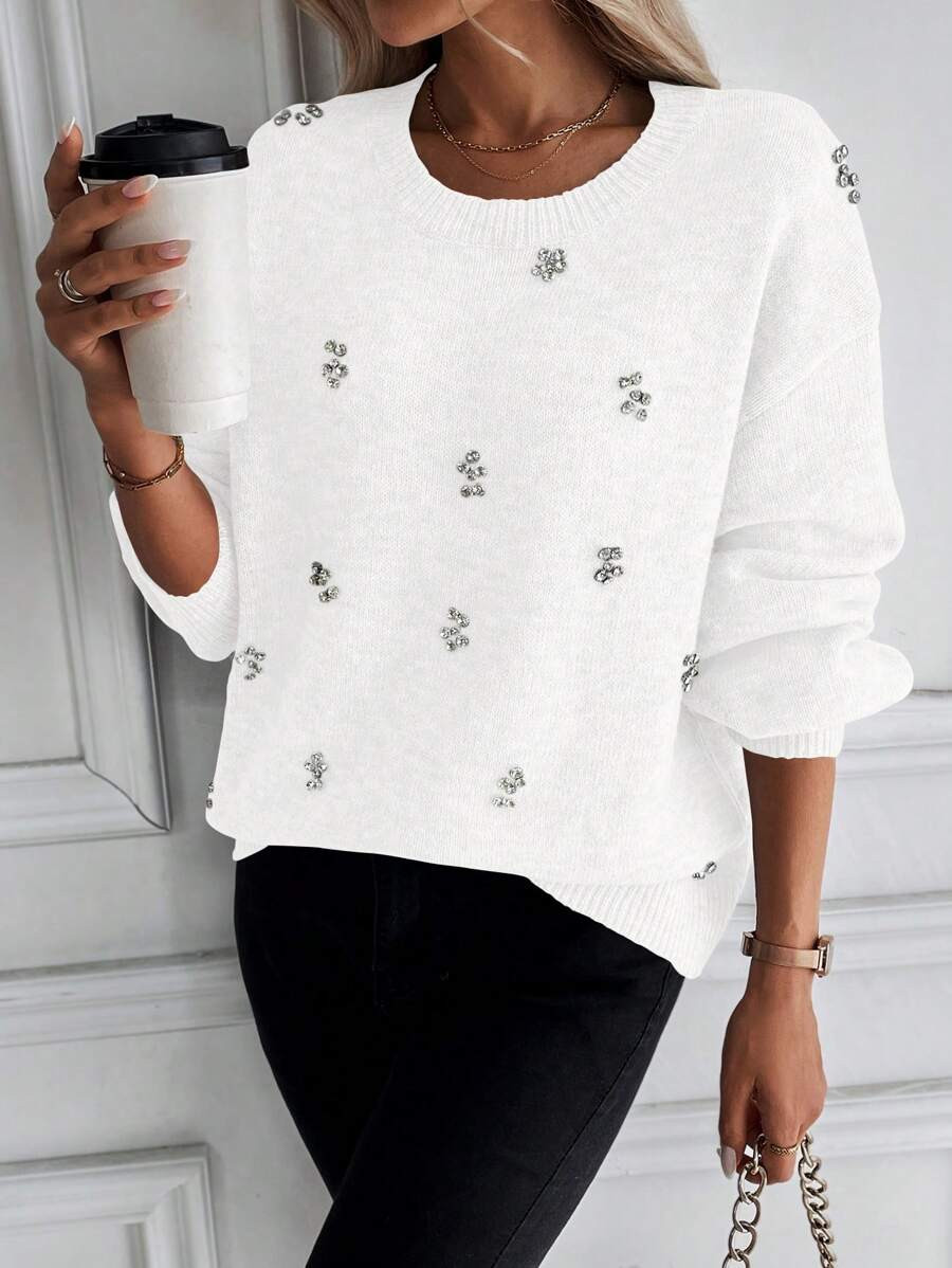 SHEIN LUNE Women Casual Solid Color Rhinestone Decor Drop Shoulder Loose Pullover Sweater | SHEIN