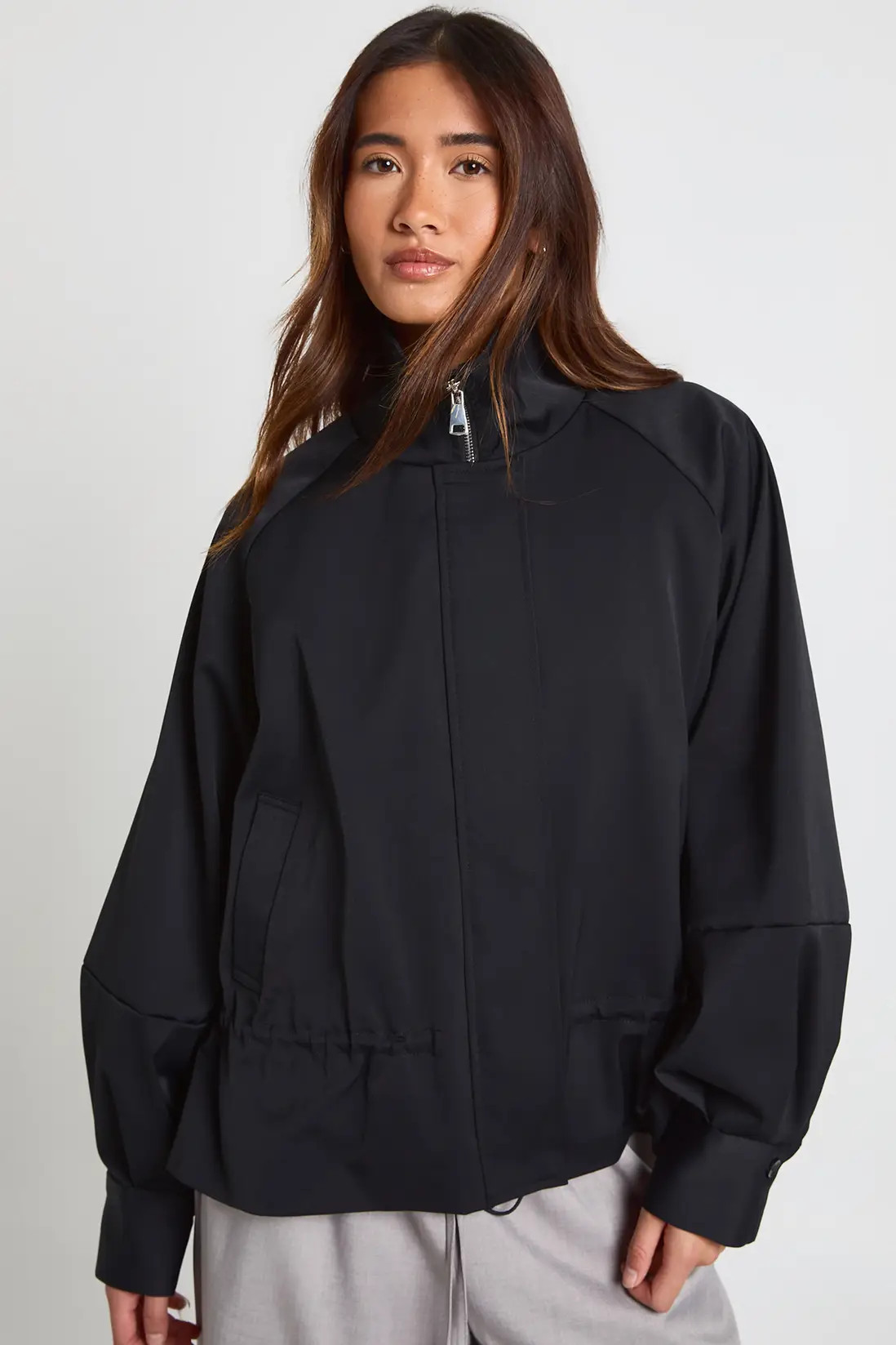 Black Cinched Waist Funnel Neck Jacket | Boohoo | Boohoo.com (UK & IE)