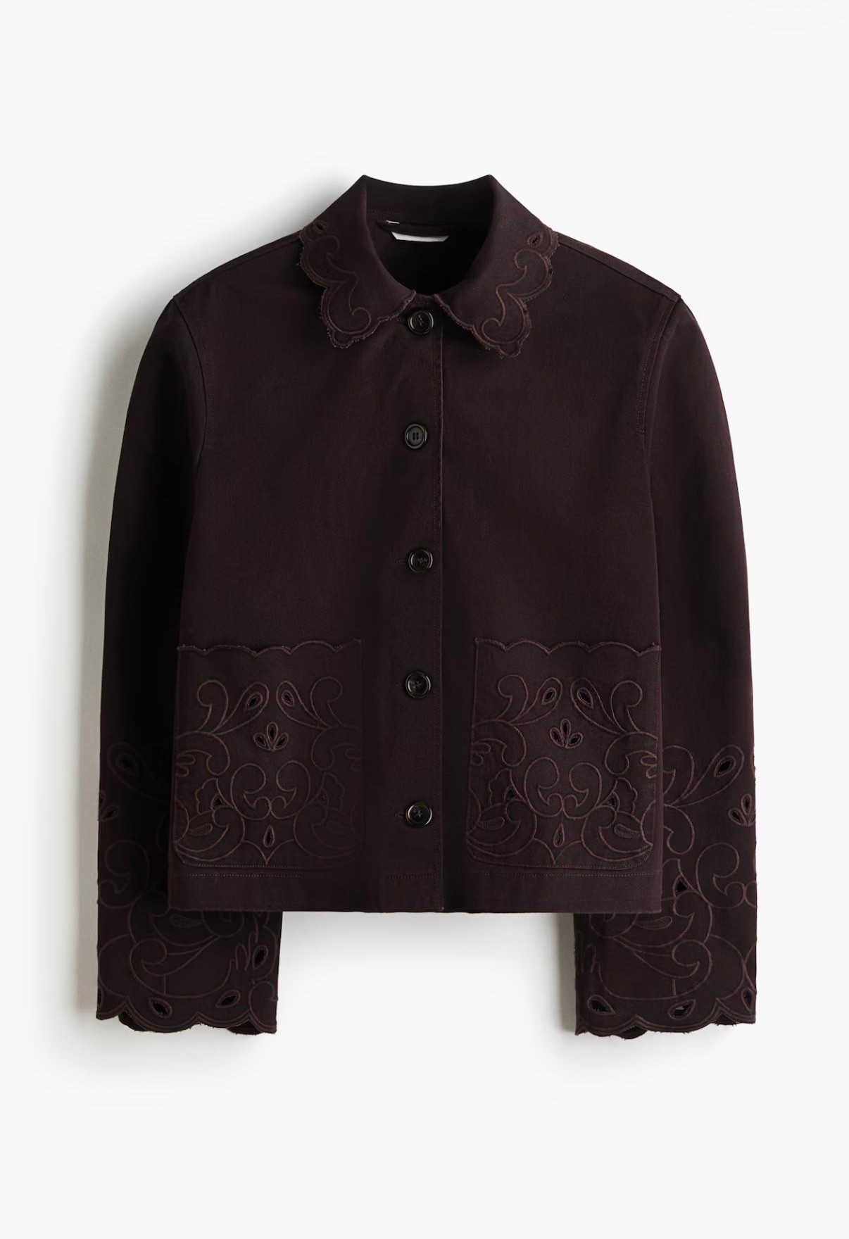 Chocolate brown eyelet embroidered scallop detail button up jacket

#LTKSeasonal