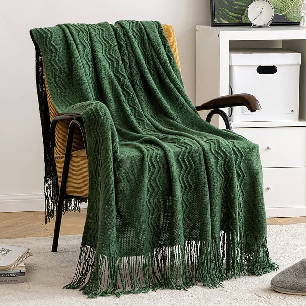 MIULEE Dark Green Knitted Throw Blanket for Couch Textured Knit Blanket with Tassels Cozy Woven B... | Amazon (US)