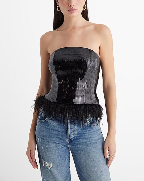 Sequin Strapless Feather Hem Tube Top | Express