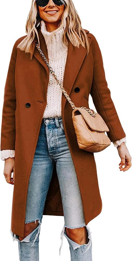 Tanming Women's Notch Lapel Double Breasted Wool Blend Mid Long Pea Trench Coat | Amazon (US)
