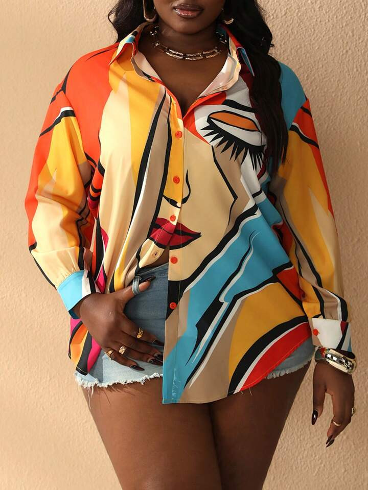 SHEIN Slayr Plus Size Women's Abstract Face Printed Long Sleeve Shirt | SHEIN USA | SHEIN