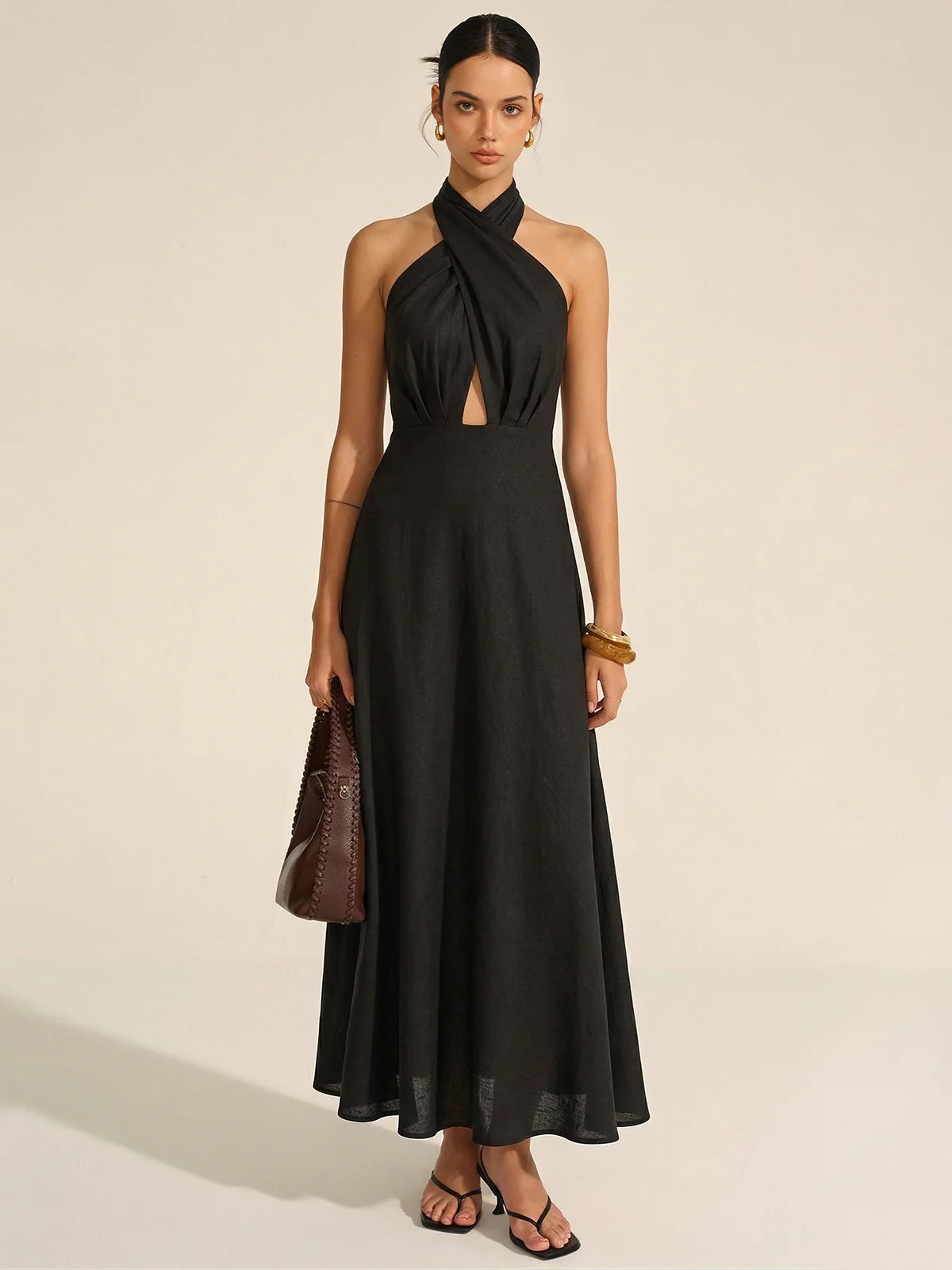 Cotton Linen Halter Neck Cut-Out Maxi Dress | Commense