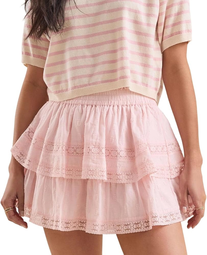 Womens Ruffle Pleated Flowy Layered Casual Shorts Y2k Cute Elastic Waist Going Out Lace Beach Vac... | Amazon (US)