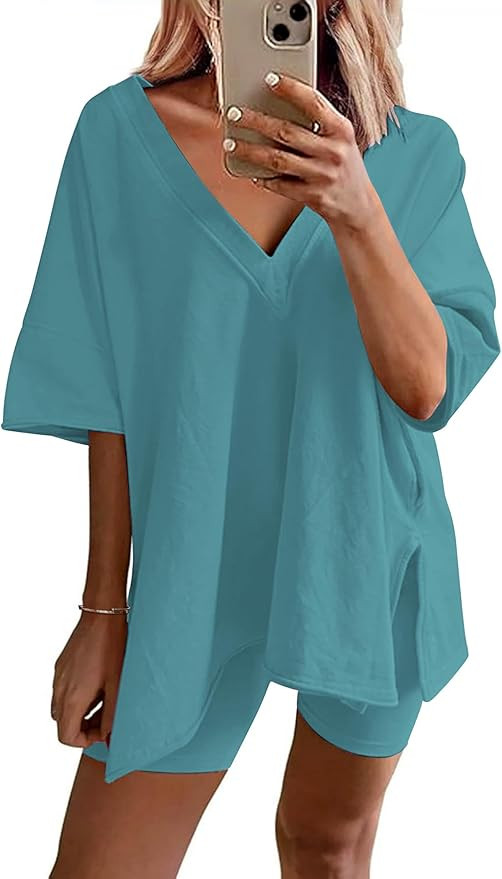 Ekouaer Womens Pajamas 2 Piece Lounge Sets Oversized V Neck T-Shirts Tops Biker Shorts Set Workou... | Amazon (US)
