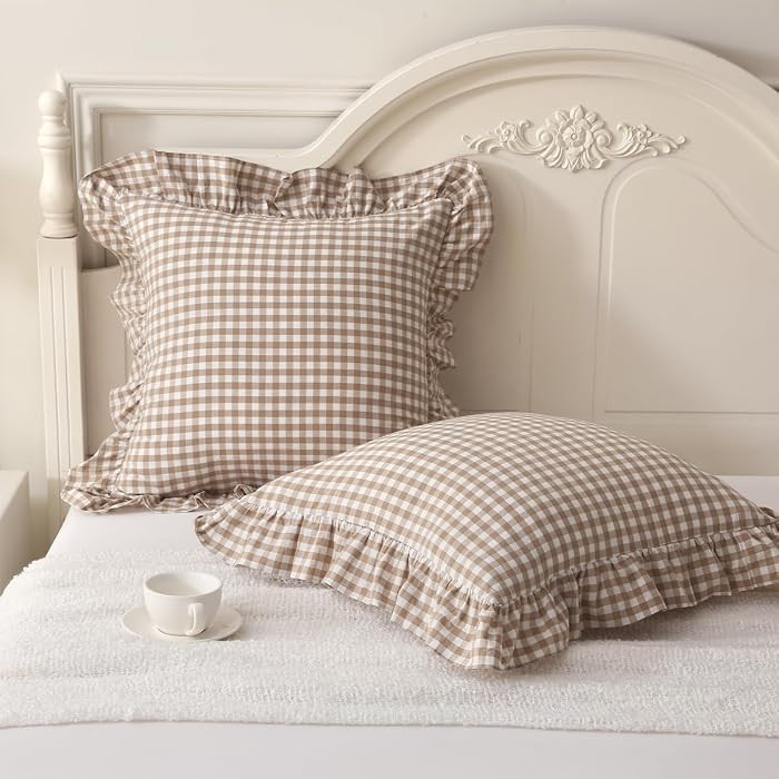2 Pack Taupe/White Plaid Ruffle Throw Pillow Covers Farmhouse Checkered Chic Washed Cotton Pillow... | Amazon (US)