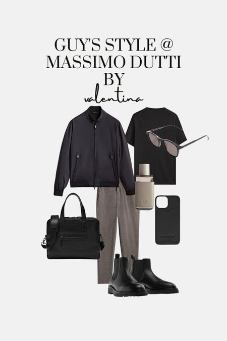 Mens style, Mens fashion, Massimo Dutti edit, autumn winter top picks, black T-shirt, leather Chelsea boots, phone case, leather document bag, bomber jacket, grey chinos, bend fragrance 

#LTKstyletip #LTKSeasonal #LTKmens