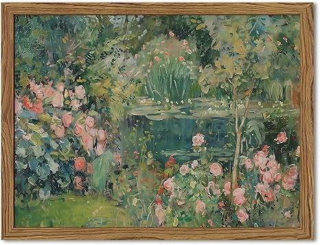 Framed Vintage Floral Landscape Canvas Wall Art, Rose Garden Pond Wall Decor Paintings, Rustic Co... | Amazon (US)