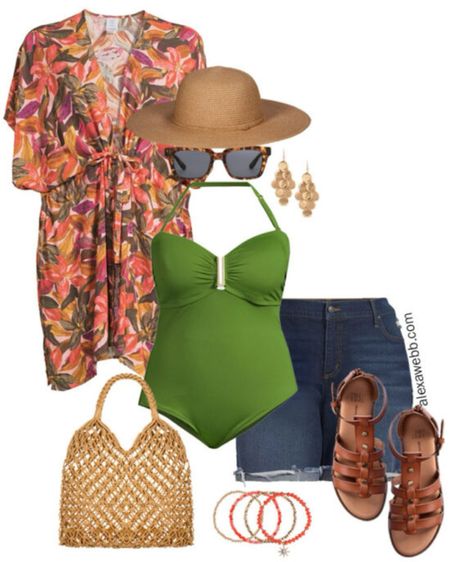 Plus Size Vacation Outfits with @Walmart #walmartpartner - A plus size beach vacation outfit idea with a green one-piece swimsuit, printed swim cover-up, sun hat, and gladiator sandals. Alexa Webb #plussize #walmartfashion @walmartfashion #walmart 

#LTKPlusSize #LTKSwim #LTKFindsUnder50