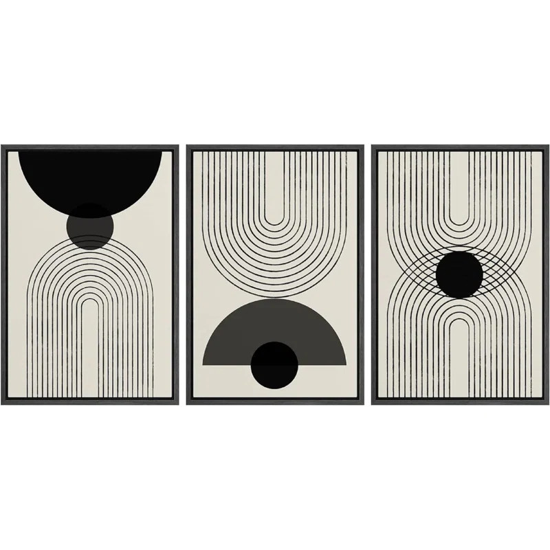 " Mid Century Modern Abstract Wall Art Black Semi-Circle An Line Parabola Framed Art " 3 - Pieces... | Wayfair North America