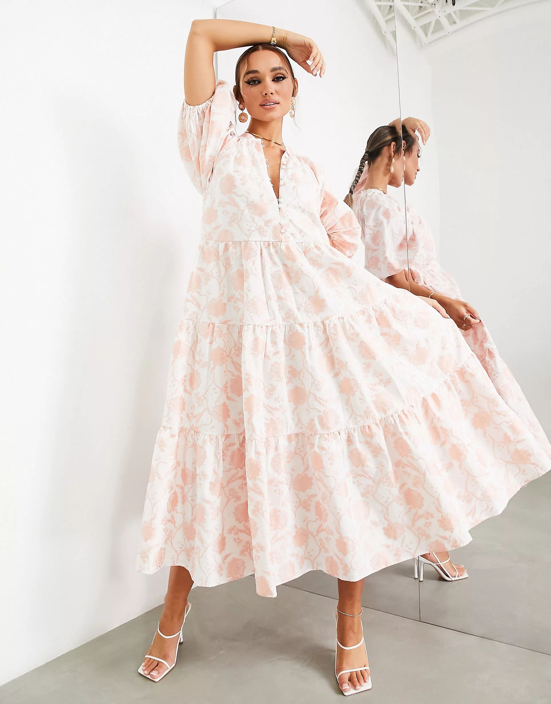 ASOS EDITION tiered smock midi dress in pink floral jacquard | ASOS (Global)