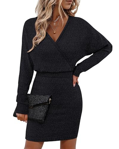 Bebonnie Womens Sexy V Neck Batwing Sleeve Sparkly Cocktail Party Sweater Dresses Holiday Bodycon Midi Dress Black XS | Amazon (US)