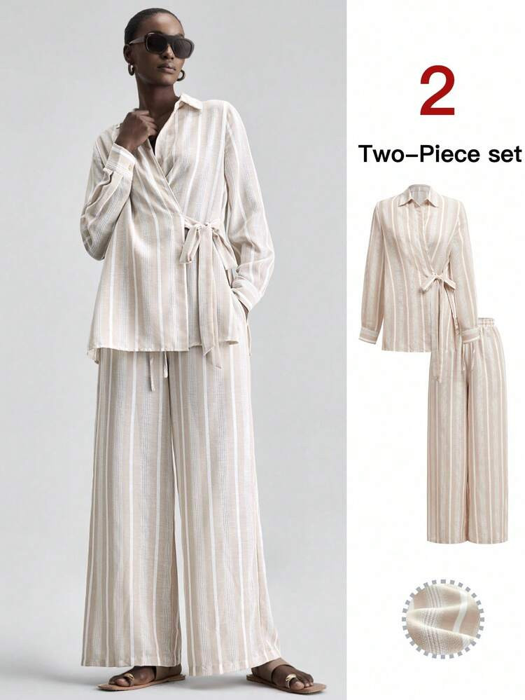 Ontre 2026SS New 2-Piece Set For Women: Women's Striped Print Long Sleeve Shirt With Side Slit, Elastic Waist Straight Leg Pants. Guest Outfit, Minimalist Romantic French Luxury Feel, Urban Chic Business Casual Office Wear, Low-Key Old Money Vibe, High-Quality Airport/Cruise Outfit, Middle East Event Essential, Versatile 4-Season, Women's 2-Piece Set Matching Sets For Women Two Piece Outfits For Women Two Piece Outfit For Women Two Piece Shirt And Pants Two Piece Women Two Piece Summer Striped | SHEIN