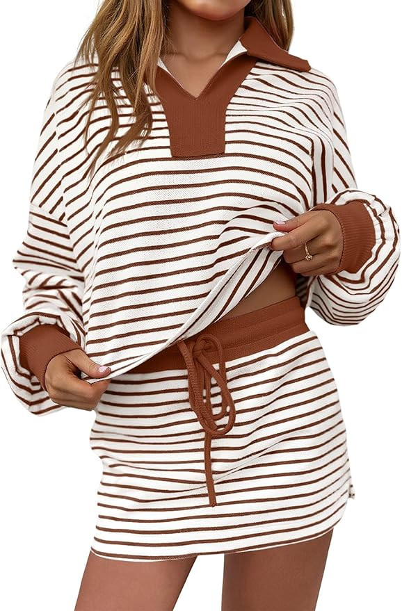 Fisoew Womens Striped 2 Piece Outfits Casual Sweatshirt Skirt Set Long Sleeve Skort Workout Set M... | Amazon (US)