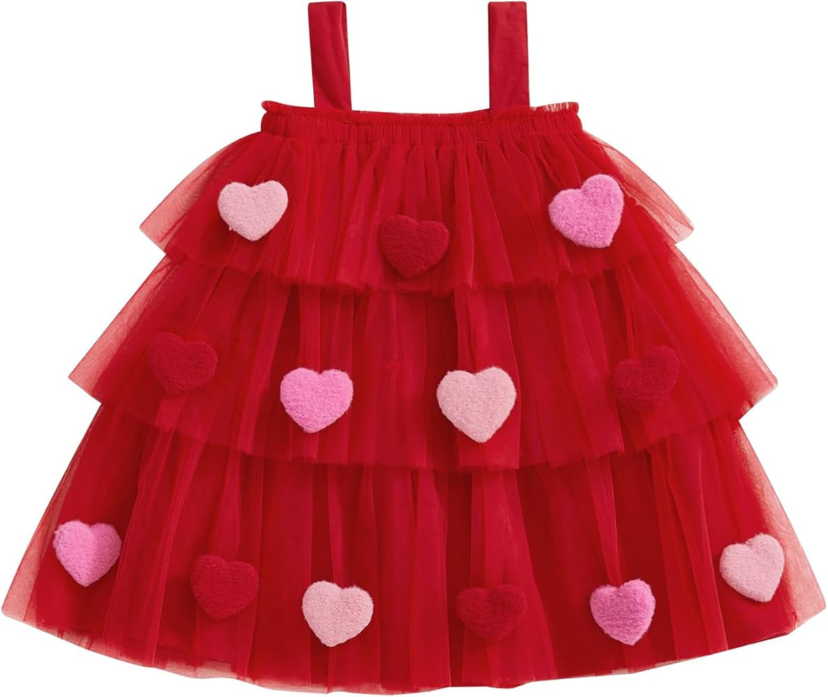 Toddler Baby Girl Outfit 3D Plush Heart Sleeveless Layered Tulle Tutu Dress Suspenders Summer Clo... | Amazon (US)