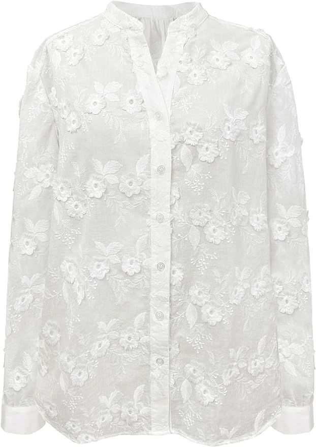 Women's White Long Sleeve Embroidered Eyelet Blouse V Neck Button Down Shirts Dressy Casual Boho ... | Amazon (US)