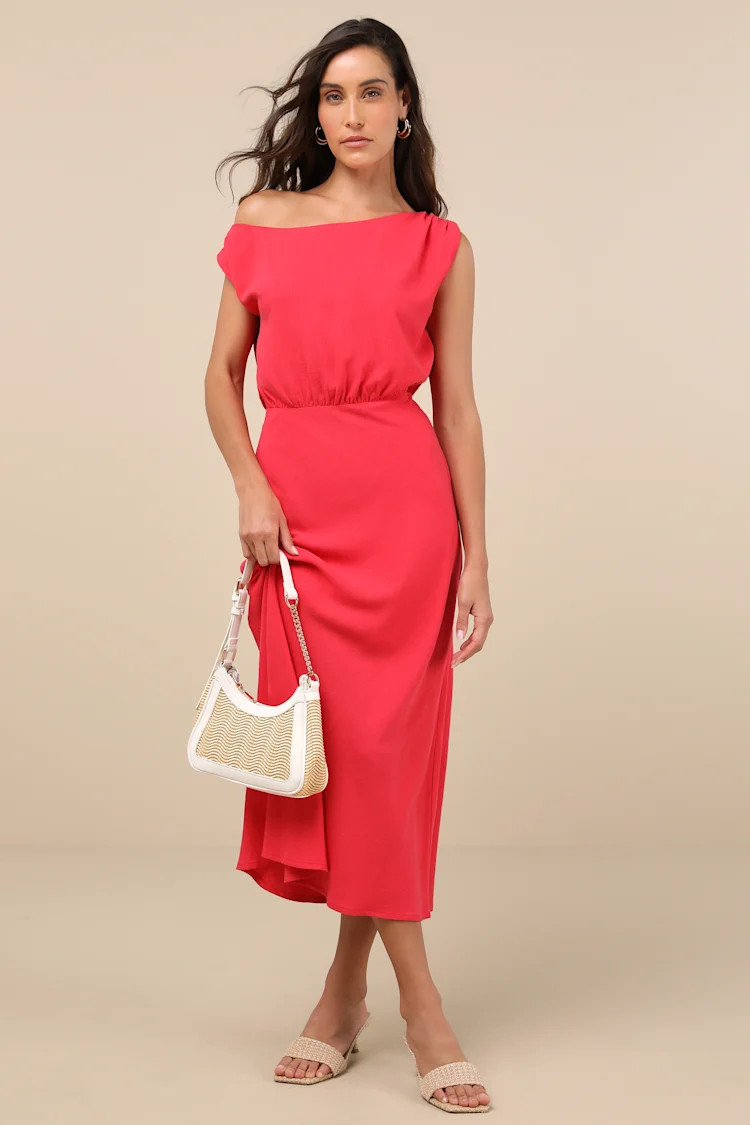 Casual Enchantment Red Linen Off-the-Shoulder Midi Dress | Lulus