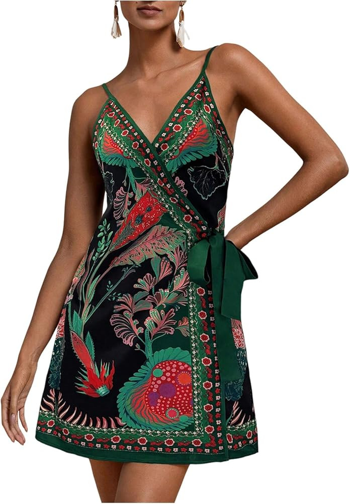 RoseSeek Women's Tropical Print Cami Dress Sleeveless Wrap V Neck Tie Knot Boho Short Dresses | Amazon (US)