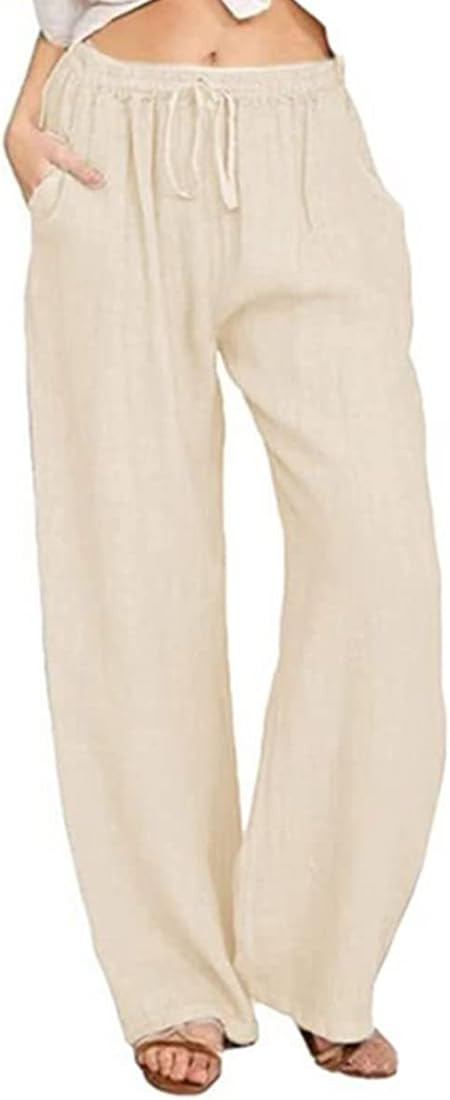 utcoco Women's Cotton Linen Drawstring High Waisted Pants Casual Loose Fit Wide Leg Trousers | Amazon (US)