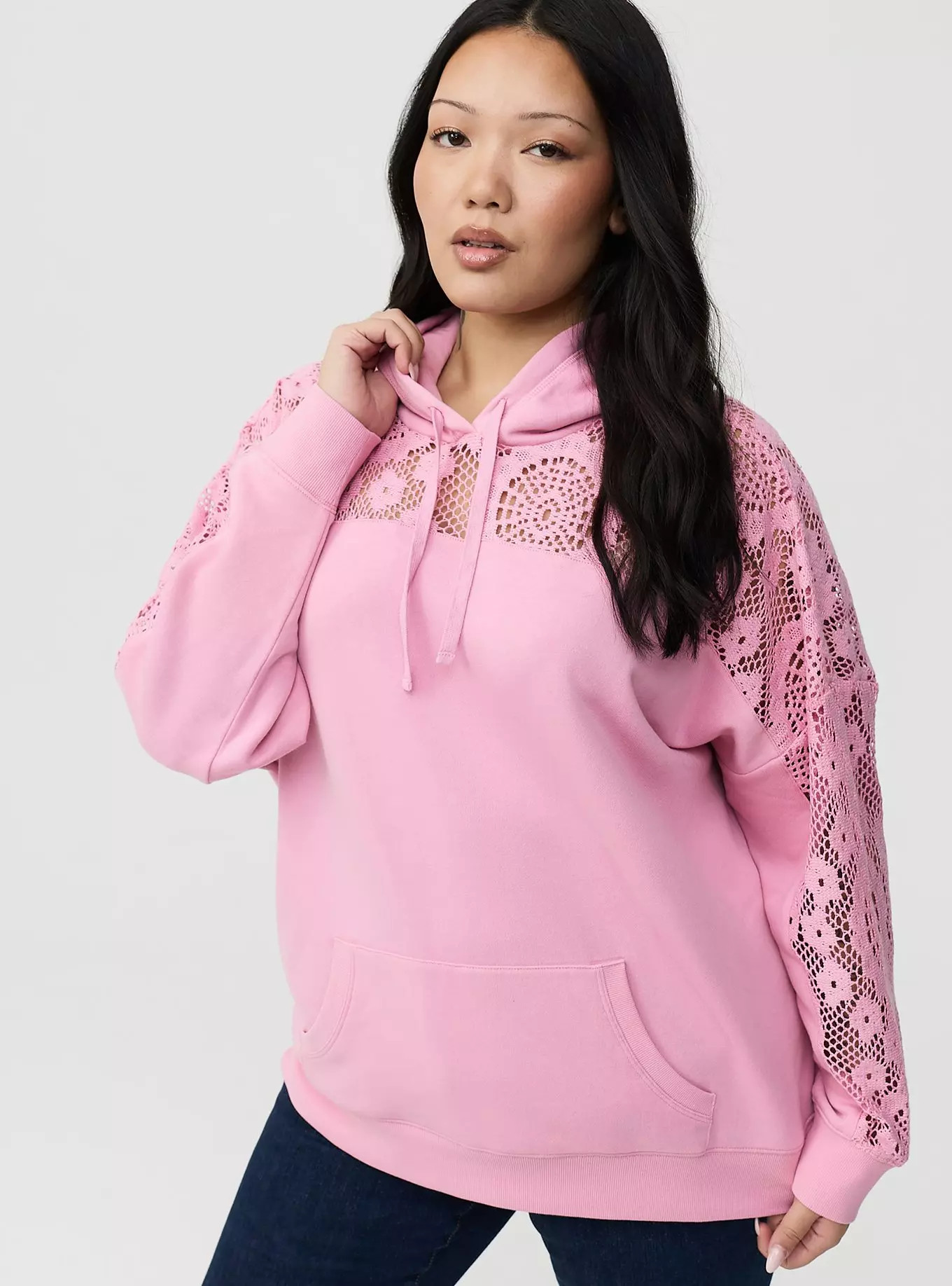 Cozy Fleece Relaxed Crochet Yoke Hoodie | Torrid (US & Canada)