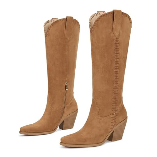 wetkiss Brown Cowboy Boots for Women, Western Cowgirl Boots Faux Suede | Amazon (US)