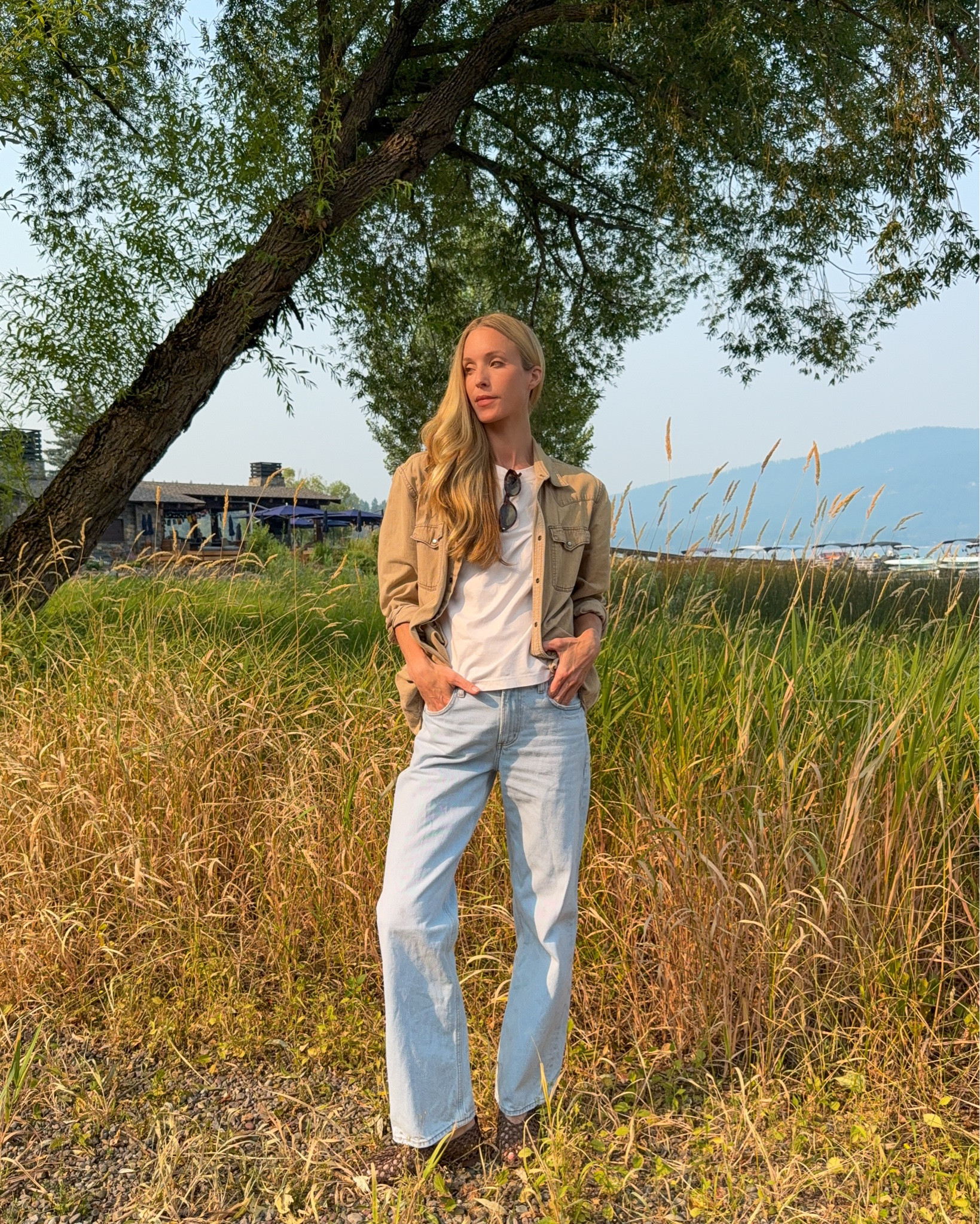 Western casual OOTD 🤎 Wearing a men’s shirt jacket (similar linked), old white tee (linked a few favorites I also have and love), @veronicabeard  jeans, size 10 flats

casual fall outfit, western outfit, Montana outfit, western day outfit, early fall outfit, casual fall style

#LTKgrwm #LTKdayinmylife #LTKSeasonal