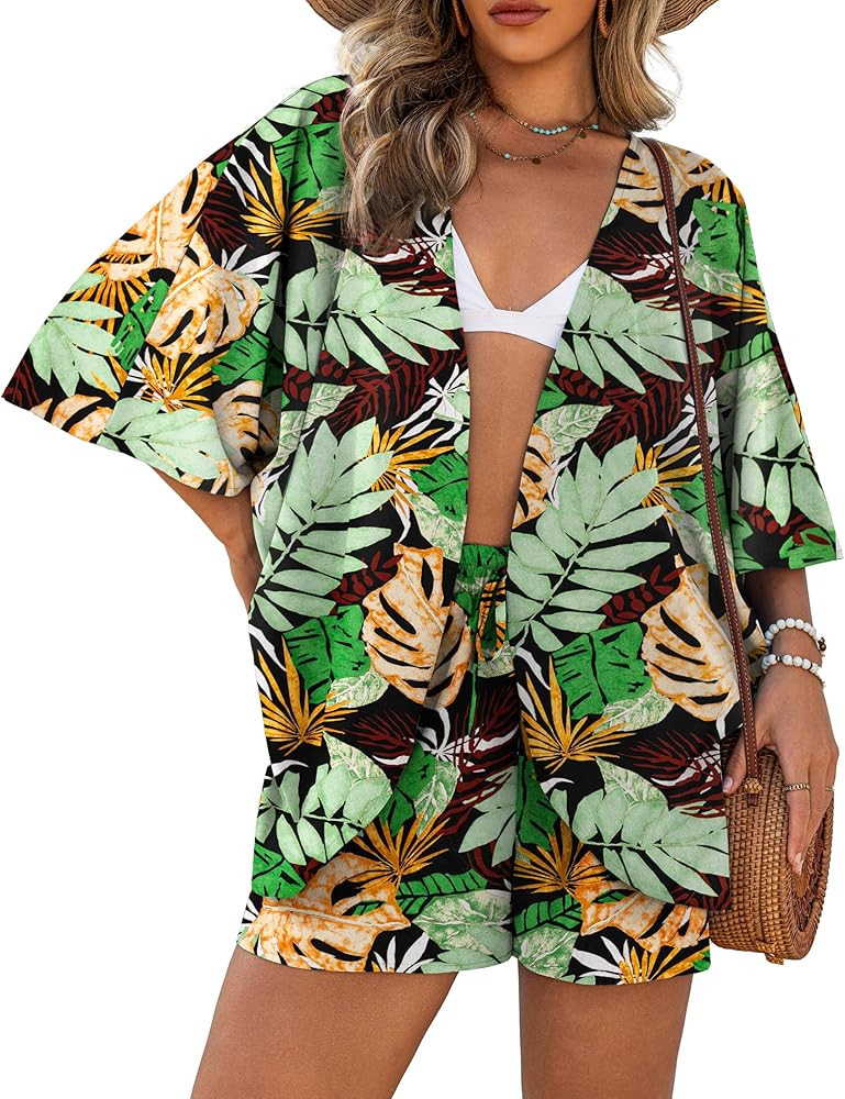 Women's 2 Piece Outfits Kimono Style Tropical Print Cover Ups Half Sleeve Blouse Shorts Set Summe... | Amazon (US)