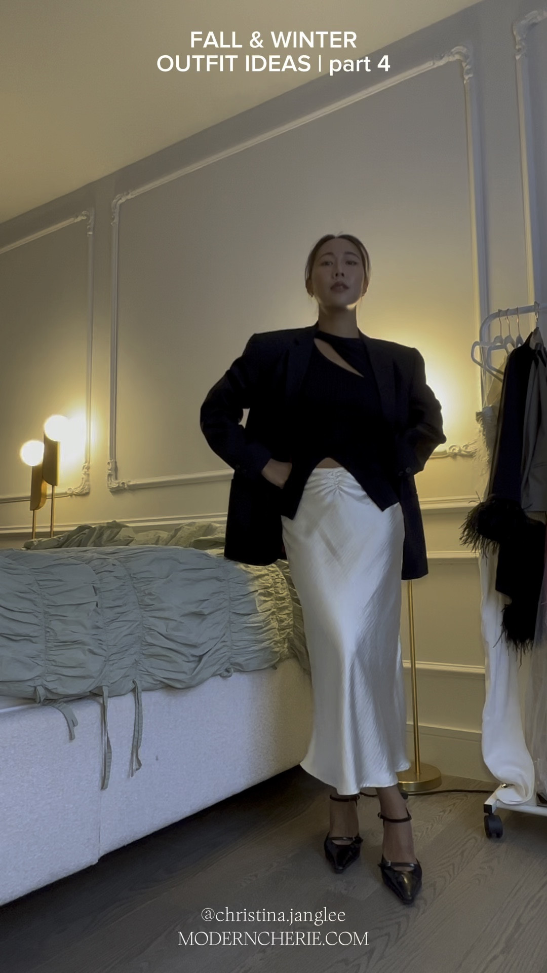 Fall and winter outfit ideas part 4 | get dressed with me to work in the office // extra long satin skirt, black knit top, oversized black blazer, classic black wool coat, Chanel classic flap bag.

#LTKstyletip #LTKworkwear