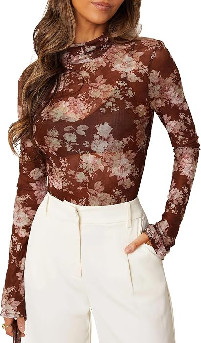 Darong Womens Long Sleeve Mesh Top See Through Mock Neck Sheer Blouses | Amazon (US)