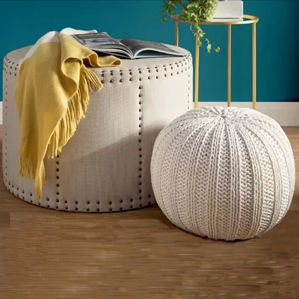LR Home Arey Isle Bone Ivory Hand Knitted 1 ft. 8 in. x 1 ft. 4 in. Indoor Pouf Ottoman - Walmart... | Walmart (US)