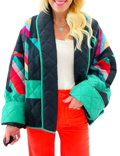 COZYPOIN Women's Quilted Jacket Cropped Front Open Print Long Sleeve Lightweight Thickened Floral Outwear Coat(Greenblack-XL) | Amazon (US)