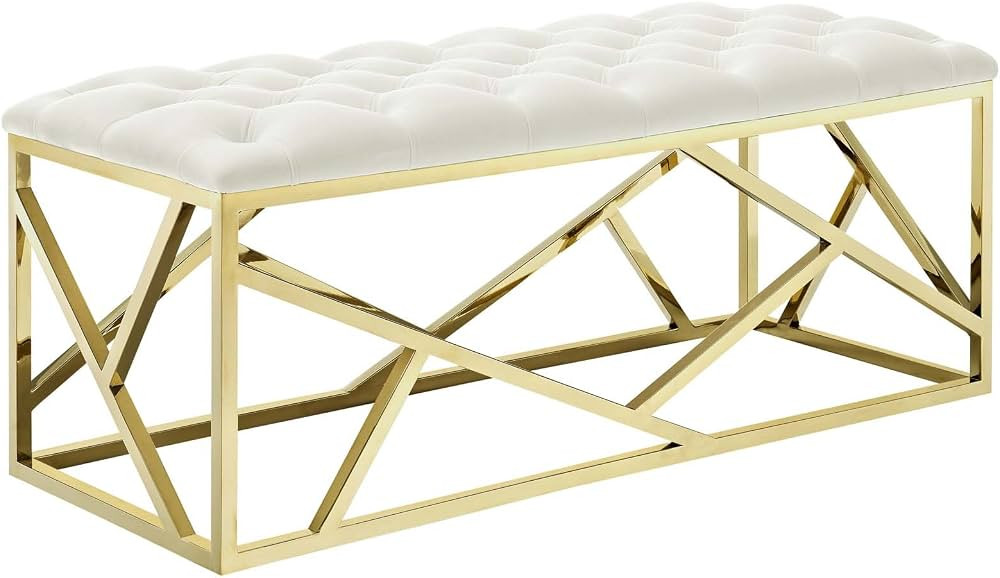 Modway Intersperse Tufted Modern Bench With Gold Stainless Steel Geometric Frame In Gold Ivory | Amazon (US)